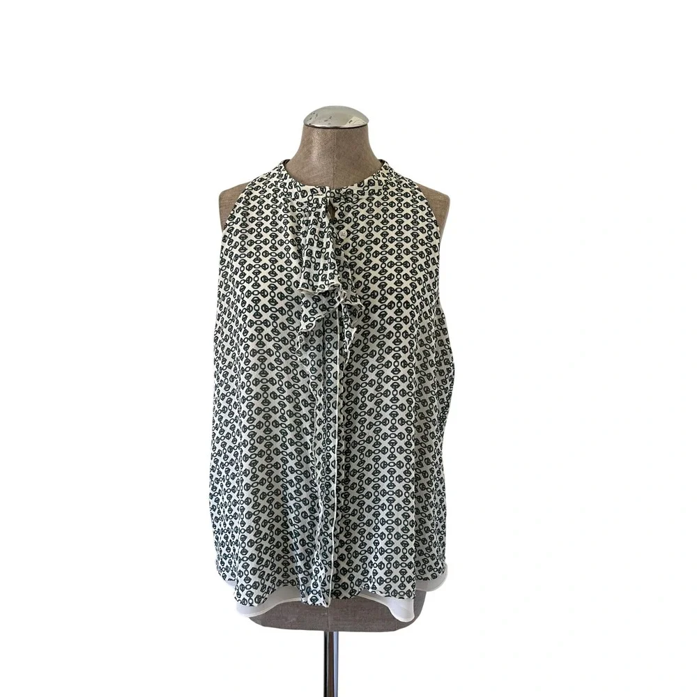 Tory Burch Silk Ruffle Sleeveless Blouse Green Cream Chain Link Print Size 14